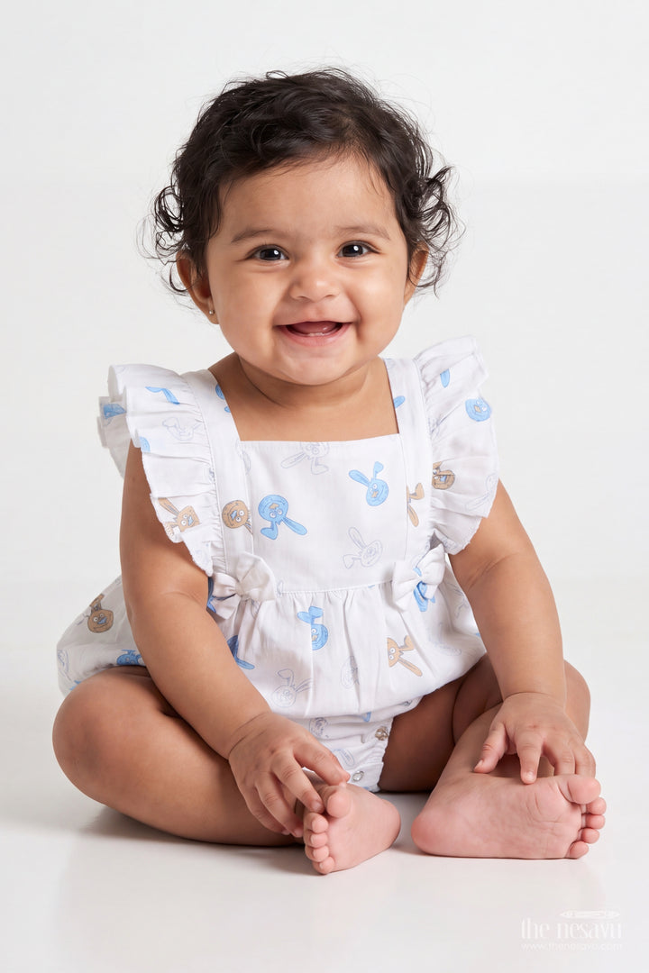 Baby White Cotton Bunny Print Frill Romper