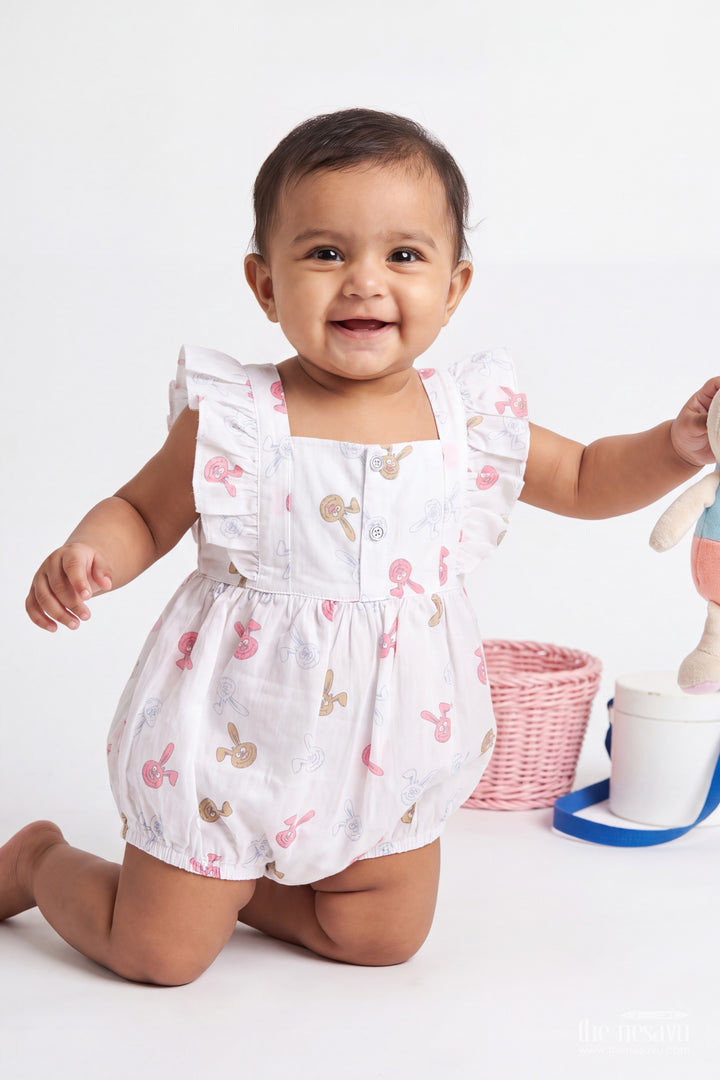Baby White Rabbit Print Ruffle Cotton Romper