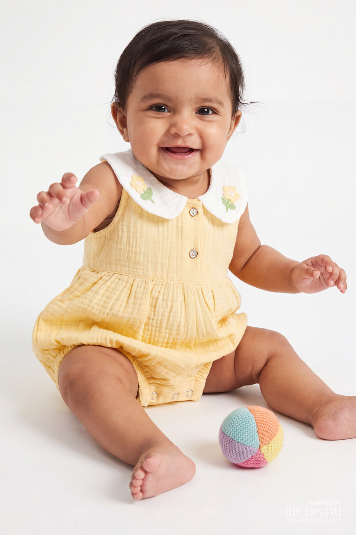 Baby Yellow Flower Collar Muslin Cotton Romper