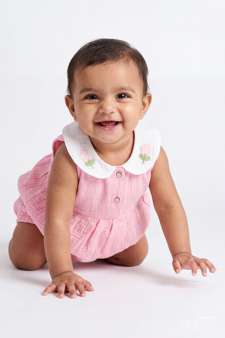Baby Muslin Cotton Romper in Pink with Petal Collar