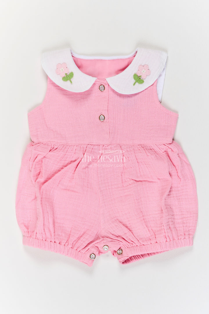 Baby Muslin Cotton Romper in Pink with Petal Collar