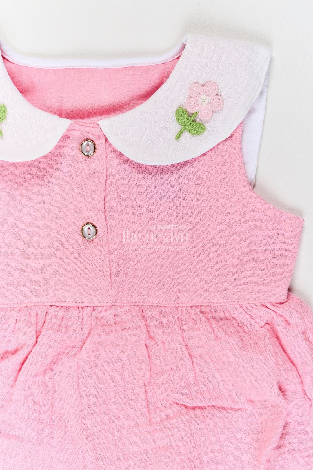 Baby Muslin Cotton Romper in Pink with Petal Collar