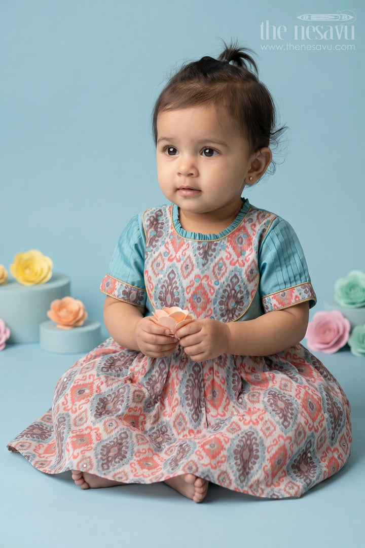 Vintage-Inspired Blue and Coral Paisley Print Dress for Toddlers