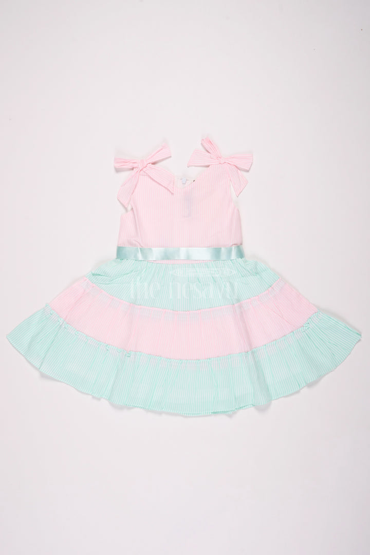 Pink and Blue Tiered Sleeveless Cotton Frock with Bow Straps