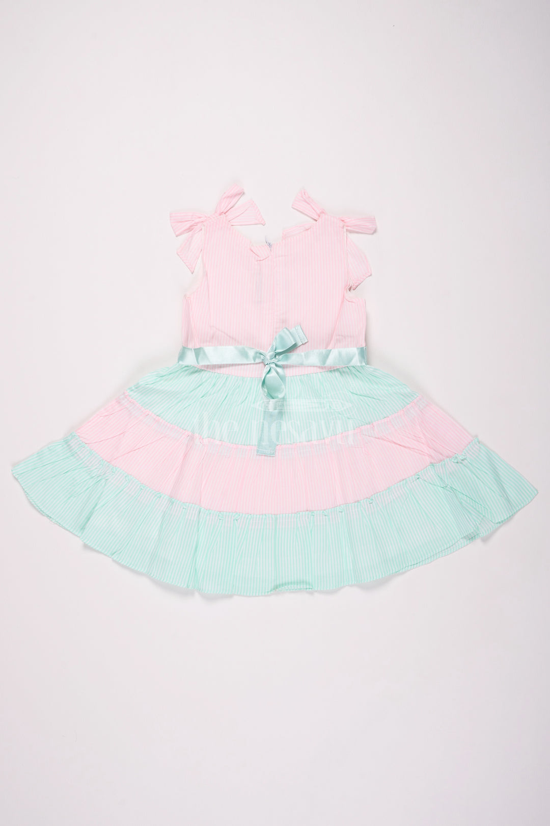 Pink and Blue Tiered Sleeveless Cotton Frock with Bow Straps