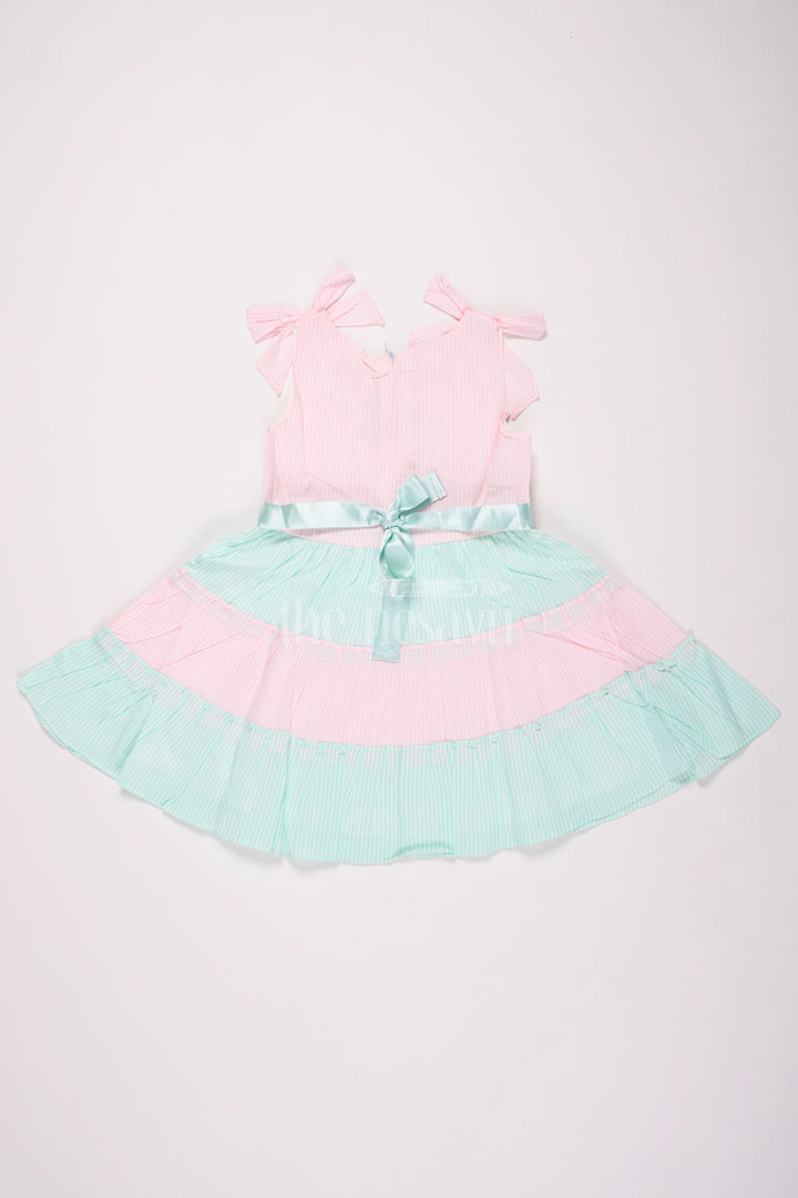 Pink and Blue Tiered Sleeveless Cotton Frock with Bow Straps