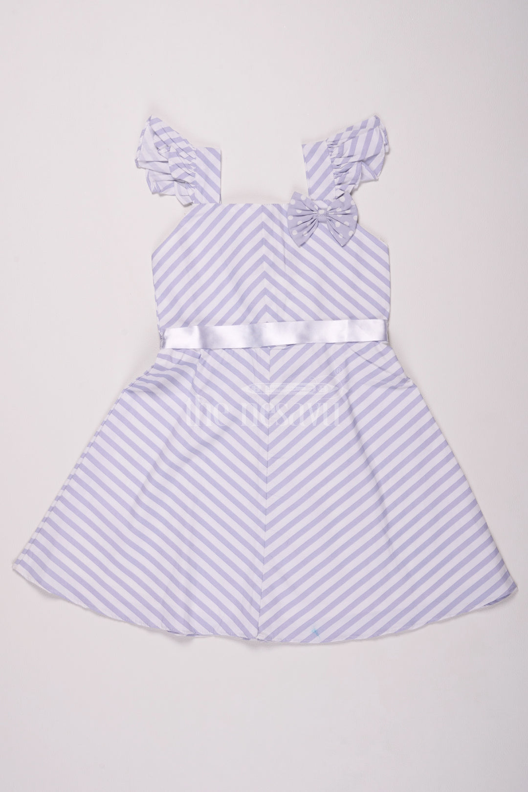 Gray Striped Cotton Frock with Cap Sleeves and Bow