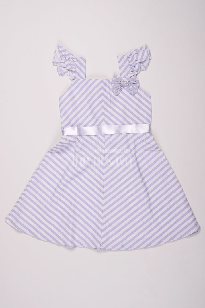 Gray Striped Cotton Frock with Cap Sleeves and Bow