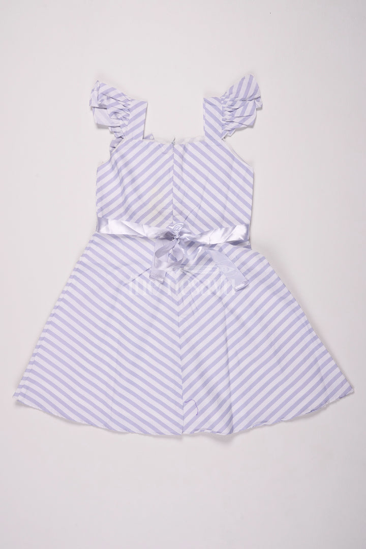 Gray Striped Cotton Frock with Cap Sleeves and Bow