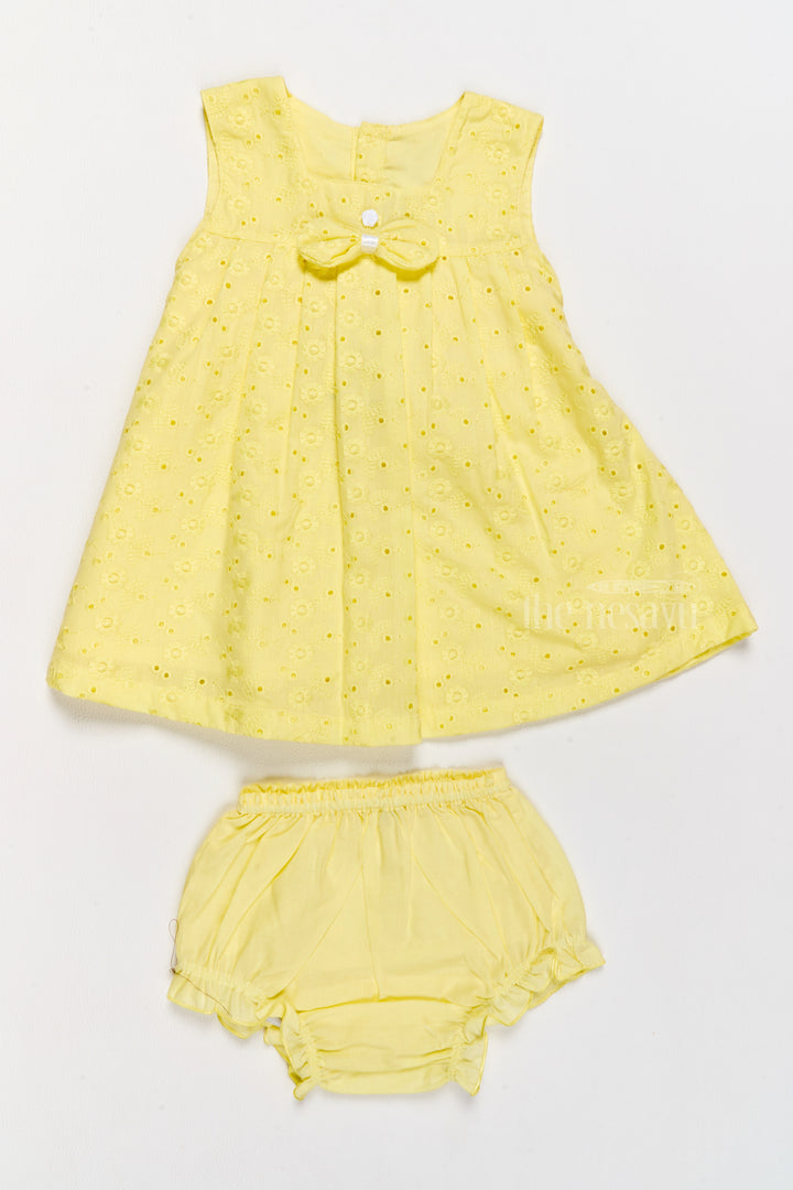 Yellow SelfEmbroidered Cotton Frock with Bloomers