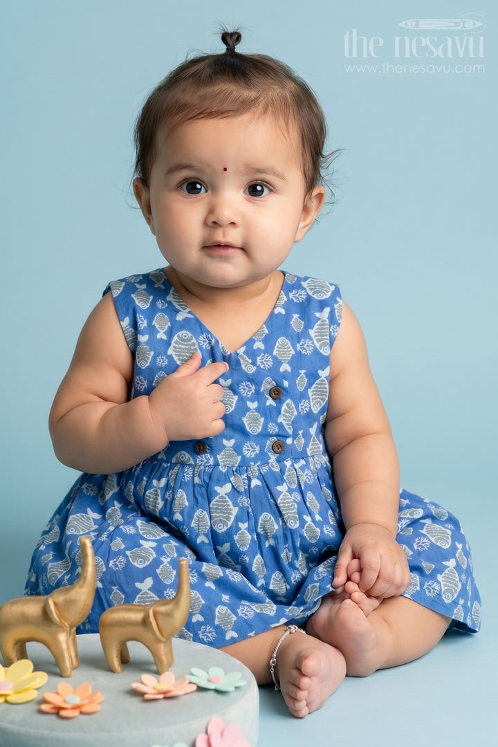 Blue Fish Motif Baby Cotton Frock with Mockwrap Neckline and Button Detail