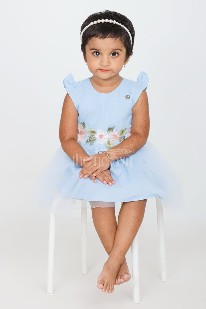 Baby Girls Blue Party Frock with Floral Embroidery and Tulle Overlay for Special Occasions