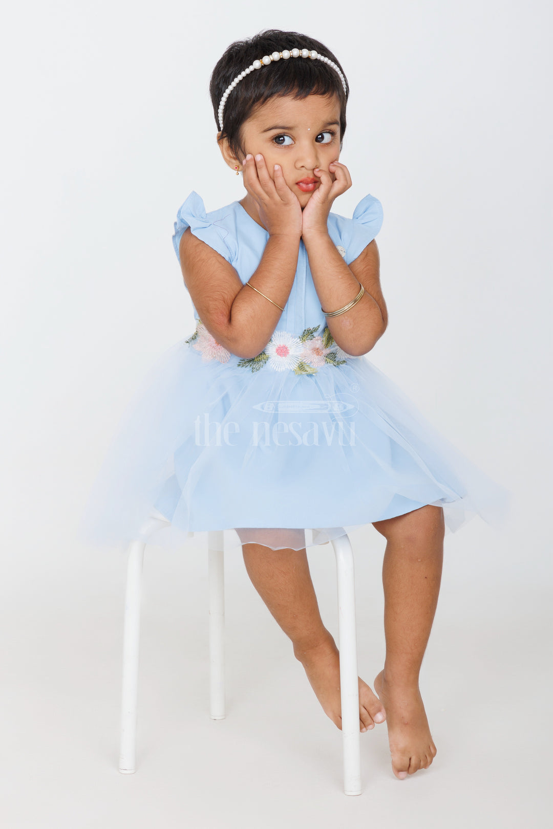 Baby Girls Blue Party Frock with Floral Embroidery and Tulle Overlay for Special Occasions