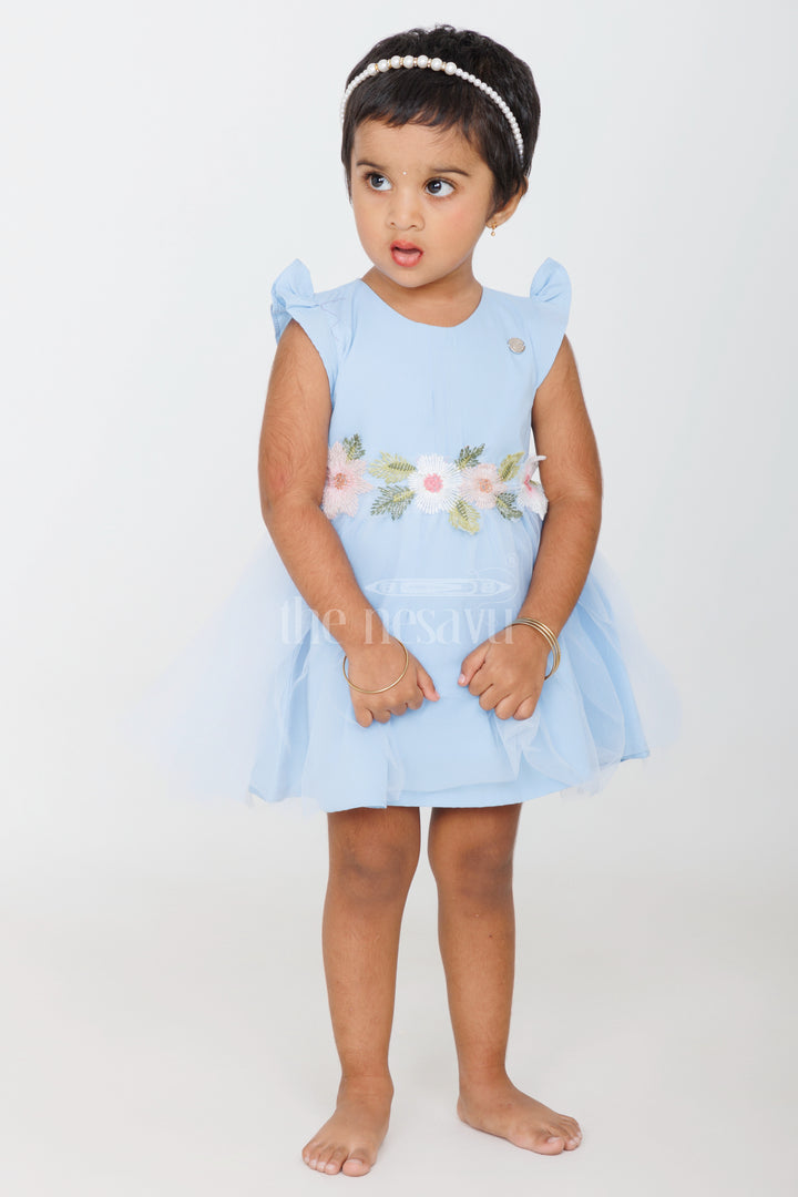 Baby Girls Blue Party Frock with Floral Embroidery and Tulle Overlay for Special Occasions