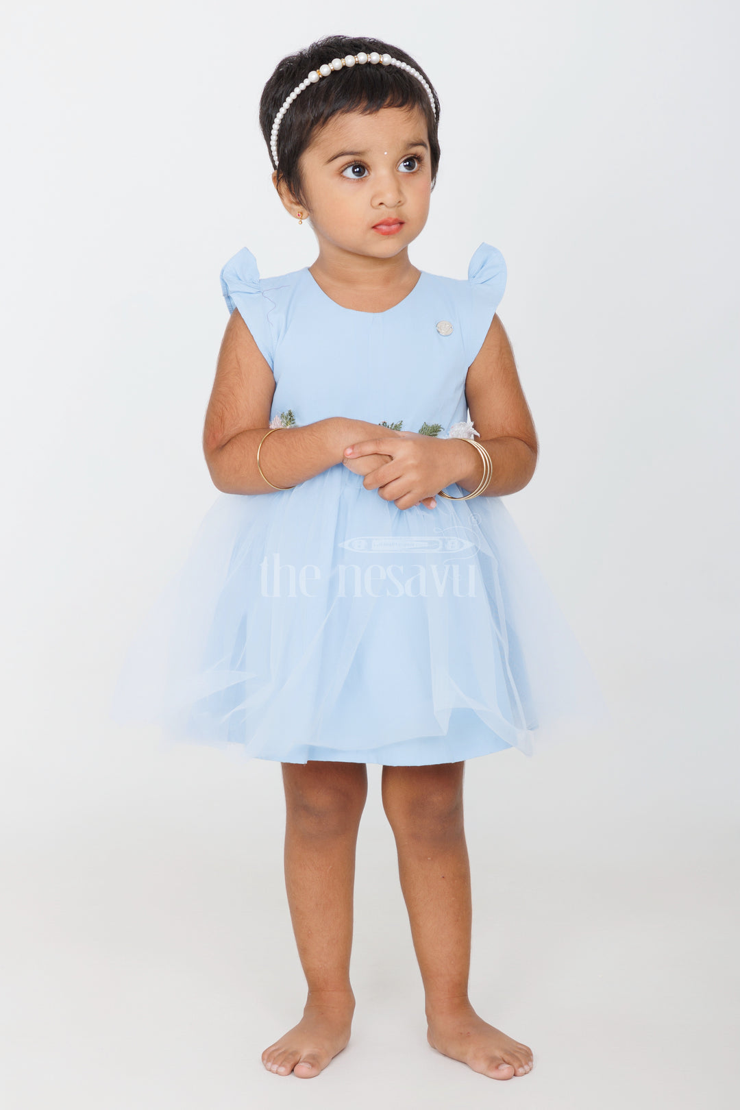 Baby Girls Blue Party Frock with Floral Embroidery and Tulle Overlay for Special Occasions