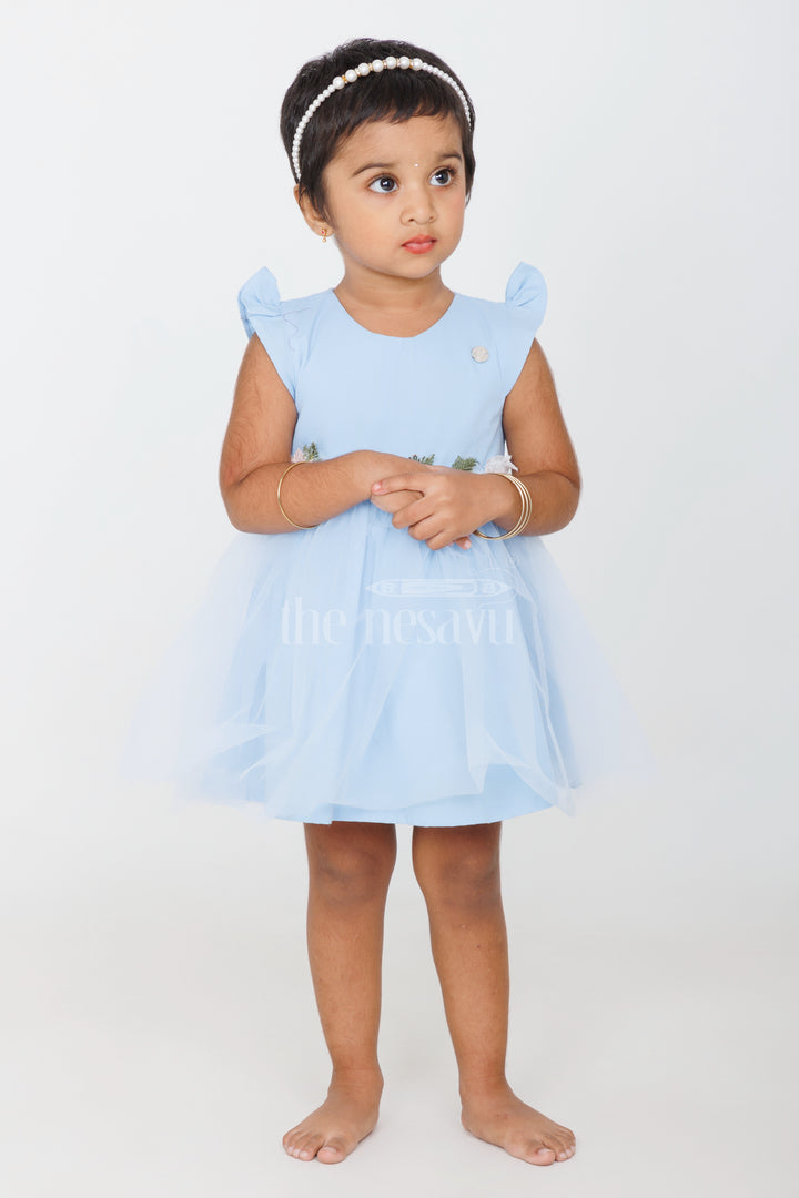 Baby Girls Blue Party Frock with Floral Embroidery and Tulle Overlay for Special Occasions