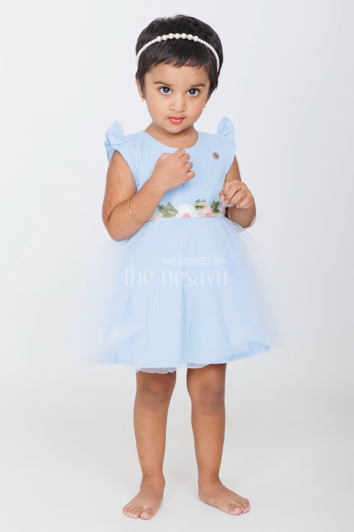 Baby Girls Blue Party Frock with Floral Embroidery and Tulle Overlay for Special Occasions