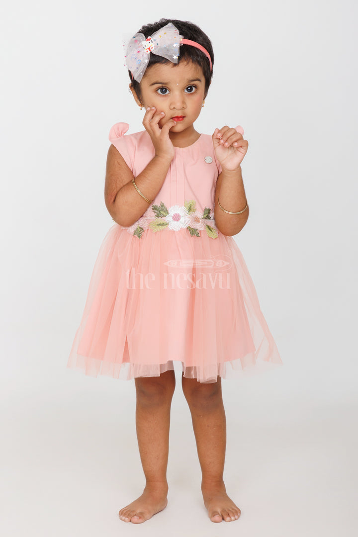 Baby Girls Peach Party Frock with Floral Embroidery and Tulle Skirt for Formal Gatherings