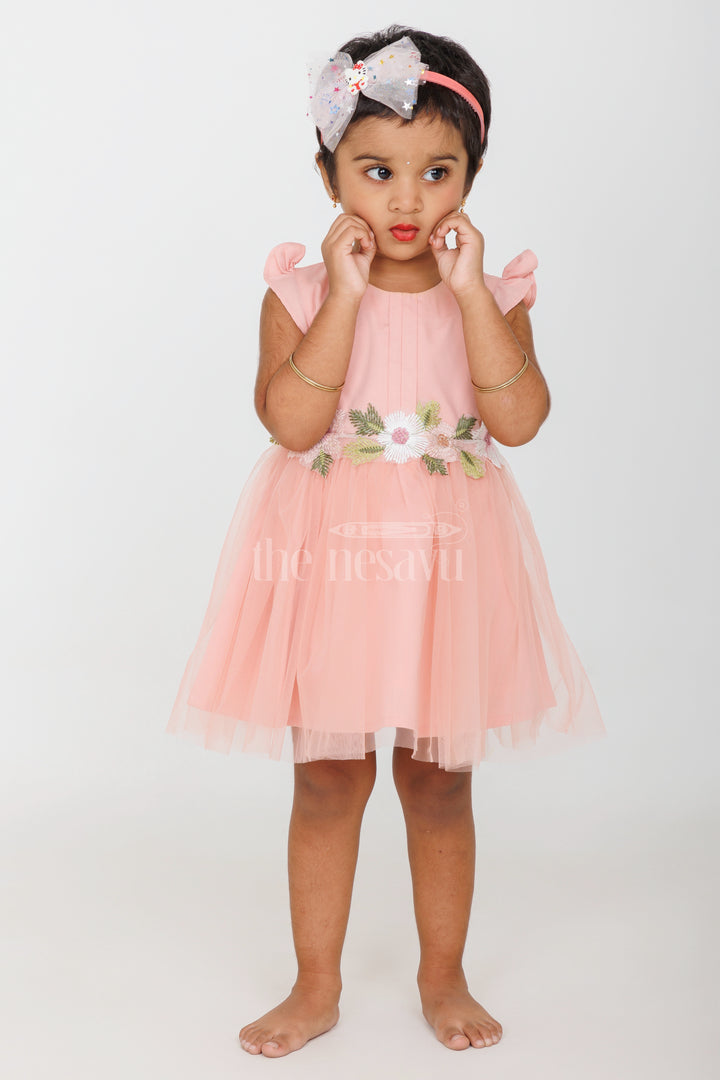 Baby Girls Peach Party Frock with Floral Embroidery and Tulle Skirt for Formal Gatherings