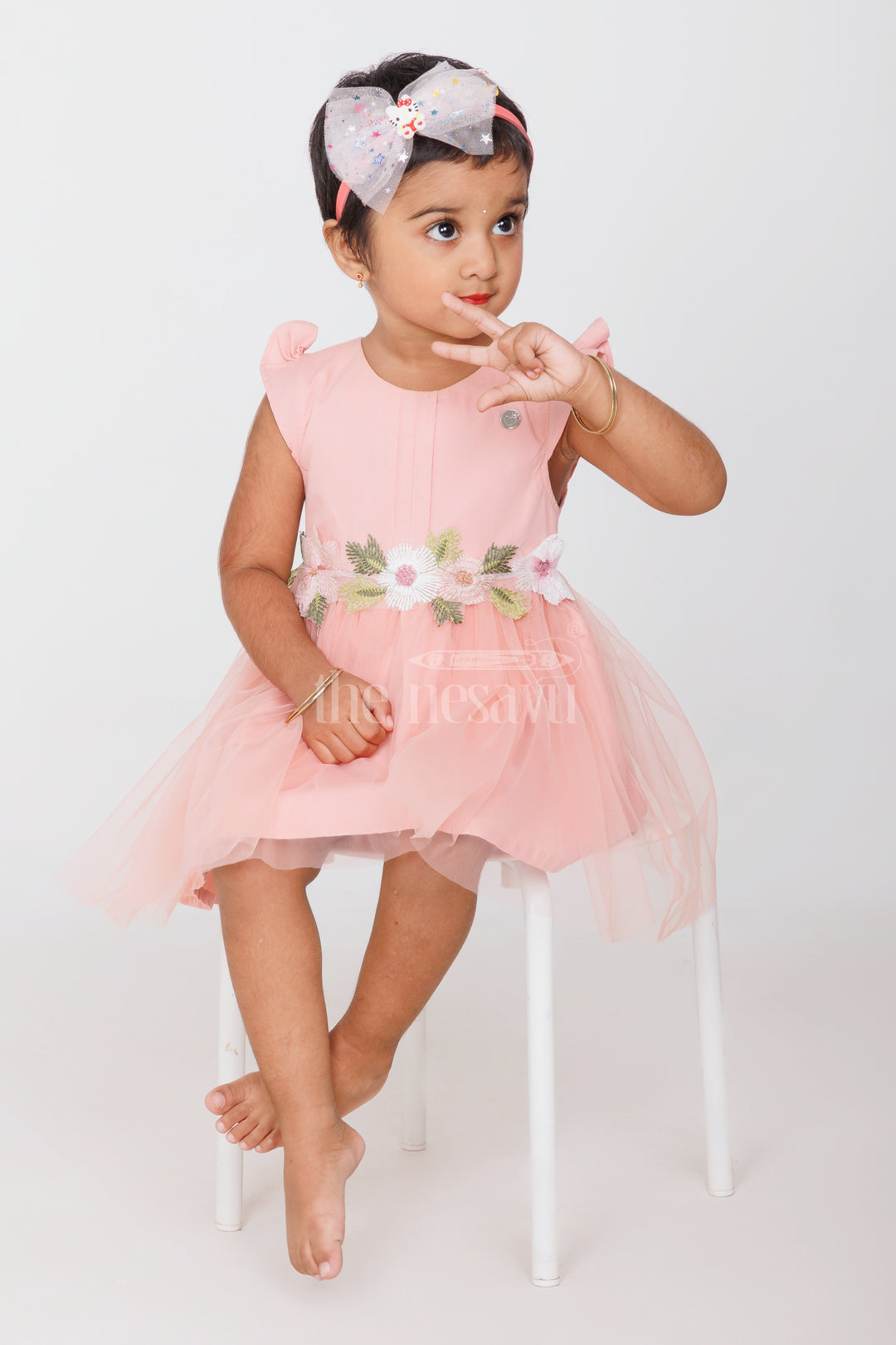 Baby Girls Peach Party Frock with Floral Embroidery and Tulle Skirt for Formal Gatherings