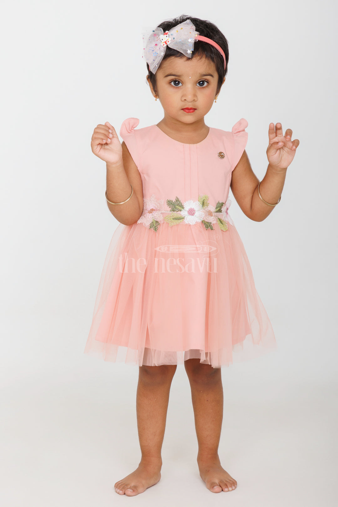 Baby Girls Peach Party Frock with Floral Embroidery and Tulle Skirt for Formal Gatherings