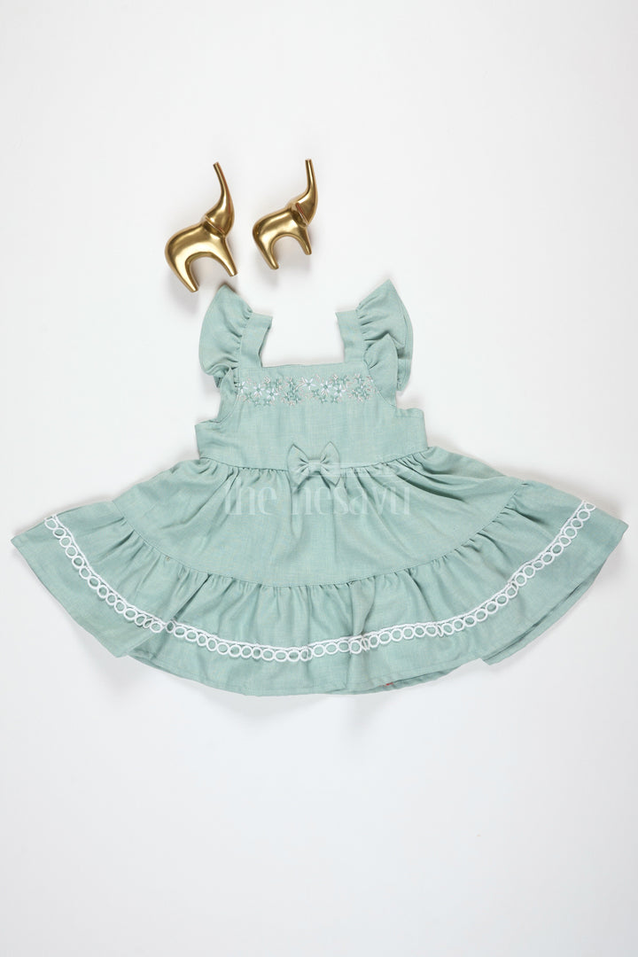 Baby Girls Green Cotton Frock with Ruffle Sleeves and Embroidered Bodice for Summer Parties