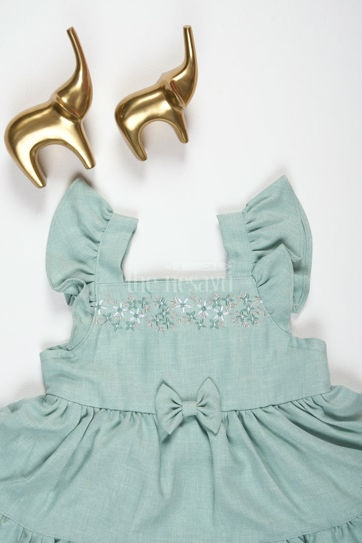 Baby Girls Green Cotton Frock with Ruffle Sleeves and Embroidered Bodice for Summer Parties