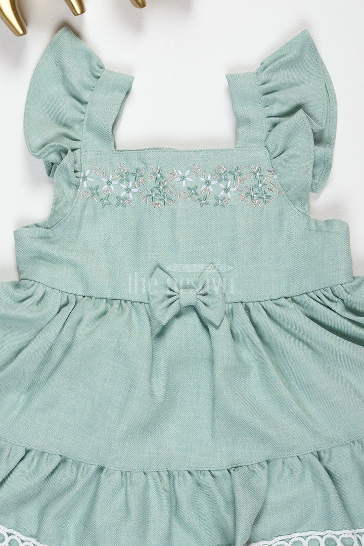 Baby Girls Green Cotton Frock with Ruffle Sleeves and Embroidered Bodice for Summer Parties