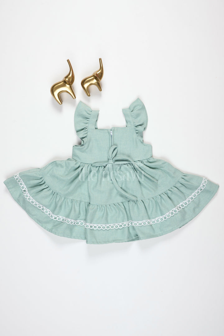 Baby Girls Green Cotton Frock with Ruffle Sleeves and Embroidered Bodice for Summer Parties