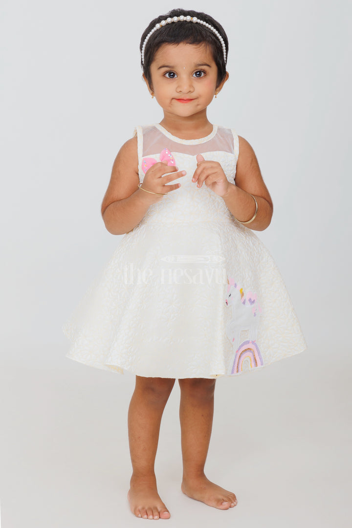 Girls Yellow Party Frock with Unicorn Appliqué and Pink Bow for Playdates and Special Events