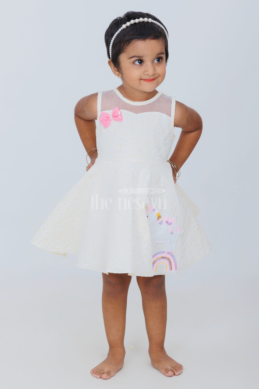 Girls Yellow Party Frock with Unicorn Appliqué and Pink Bow for Playdates and Special Events