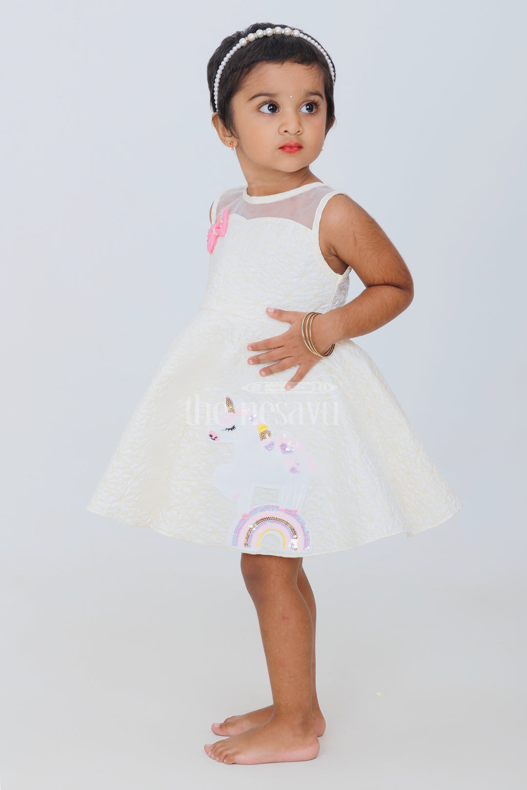 Girls Yellow Party Frock with Unicorn Appliqué and Pink Bow for Playdates and Special Events