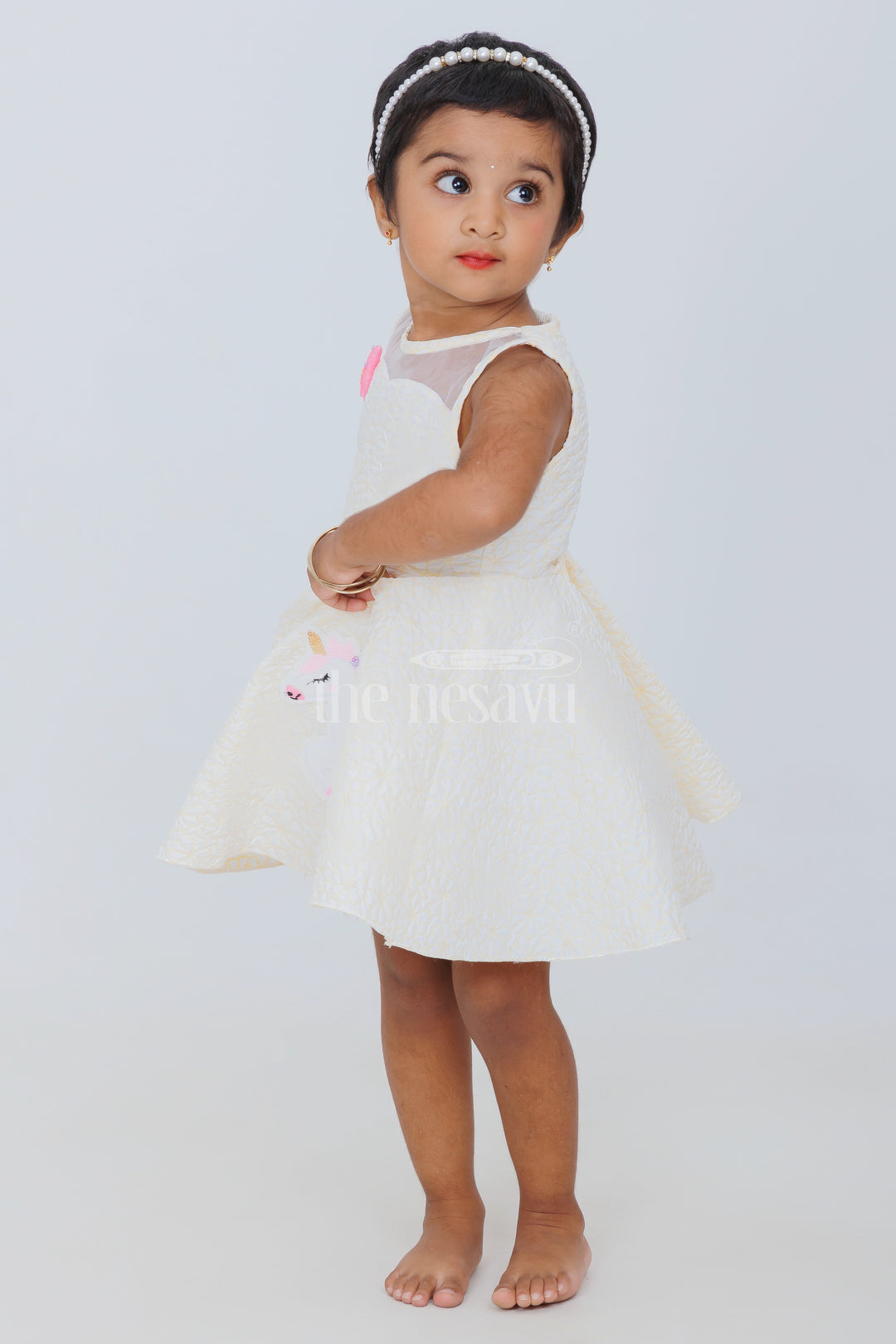 Girls Yellow Party Frock with Unicorn Appliqué and Pink Bow for Playdates and Special Events