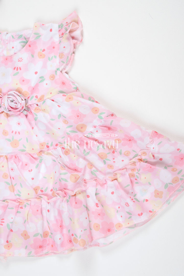 Baby Girls Pink Floral Frock with Tiered Skirt and Bow Accent for Casual Outings