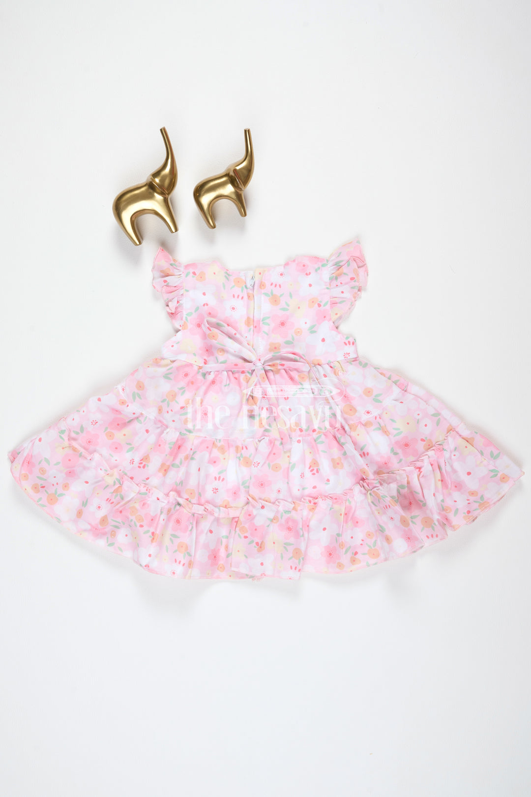 Baby Girls Pink Floral Frock with Tiered Skirt and Bow Accent for Casual Outings