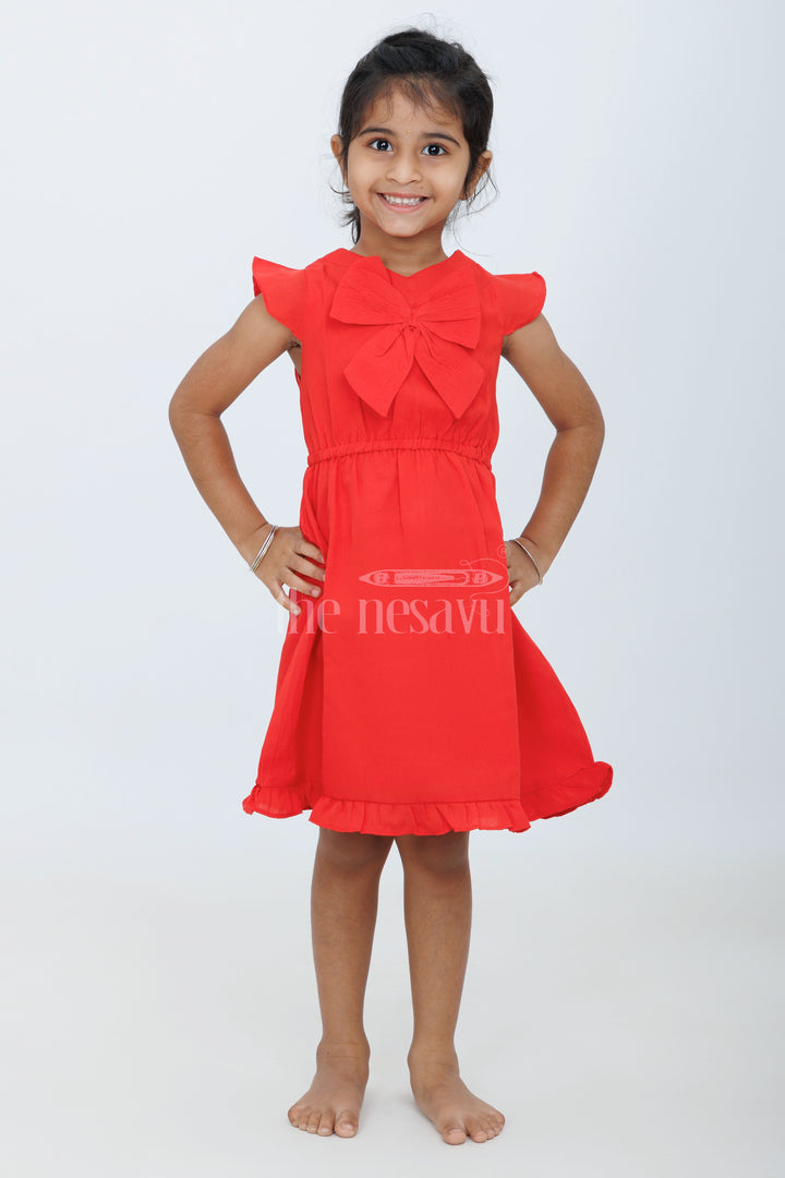 Girls Red Cotton Short Frock with Bow Detail for Festive Celebrations and Special Events