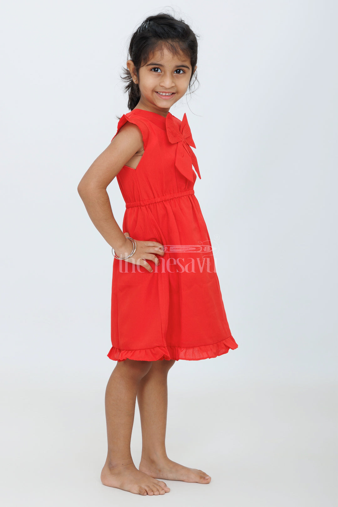 Girls Red Cotton Short Frock with Bow Detail for Festive Celebrations and Special Events