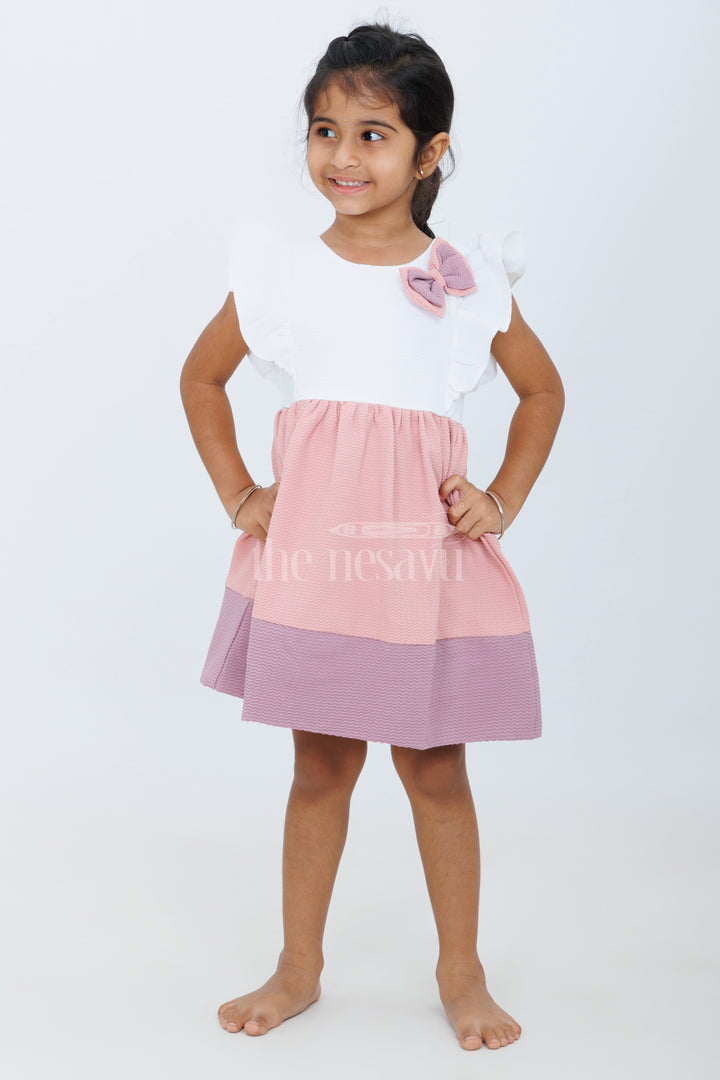 Baby Girls Beige Cotton White Frock with Color Block Design and Bow Accent for Family Gatherings