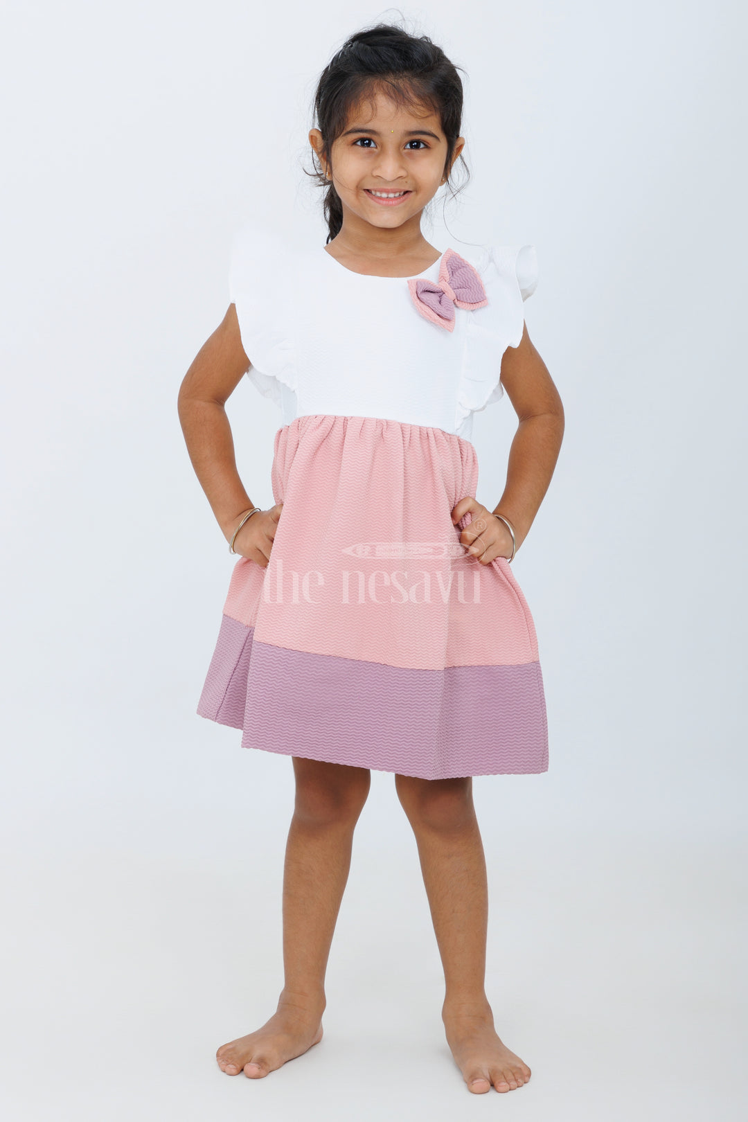 Baby Girls Beige Cotton White Frock with Color Block Design and Bow Accent for Family Gatherings