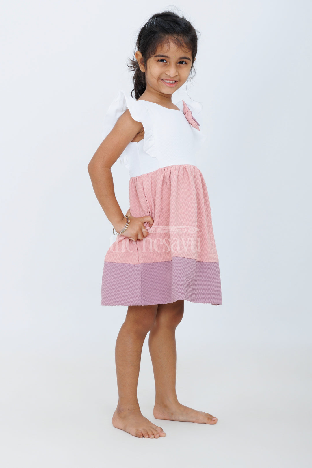 Baby Girls Beige Cotton White Frock with Color Block Design and Bow Accent for Family Gatherings