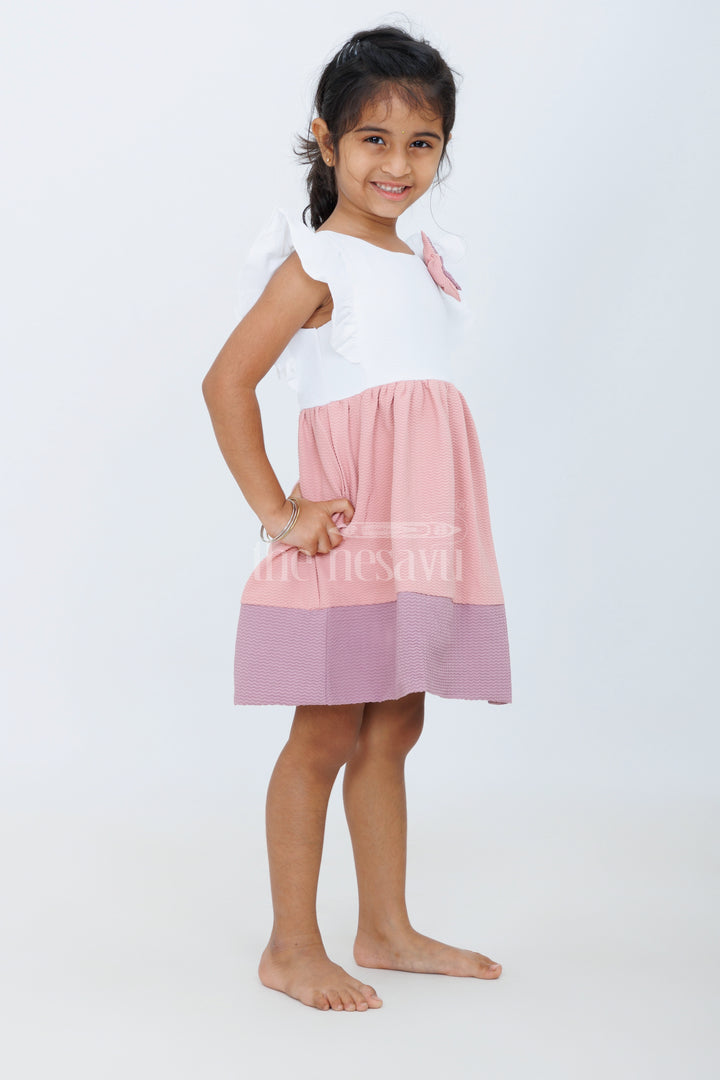 Baby Girls Beige Cotton White Frock with Color Block Design and Bow Accent for Family Gatherings