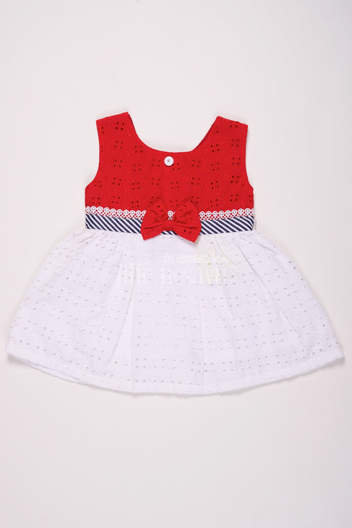 Girls Red Cotton Frock with Eyelet Embroidery and Nautical Bow Detail for Casual Outings