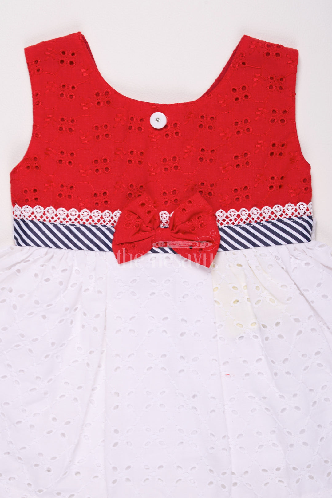 Girls Red Cotton Frock with Eyelet Embroidery and Nautical Bow Detail for Casual Outings