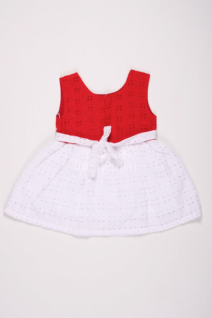 Girls Red Cotton Frock with Eyelet Embroidery and Nautical Bow Detail for Casual Outings