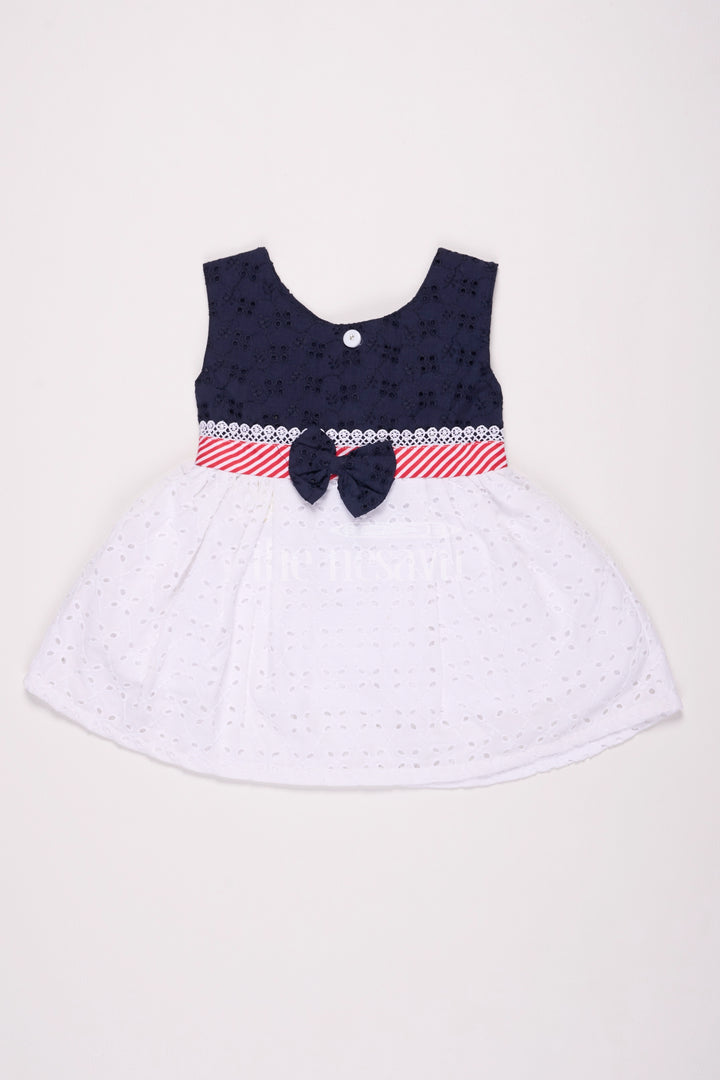 Girls Black Cotton Frock with Eyelet Embroidery and Striped Bow Detail for Special Occasions