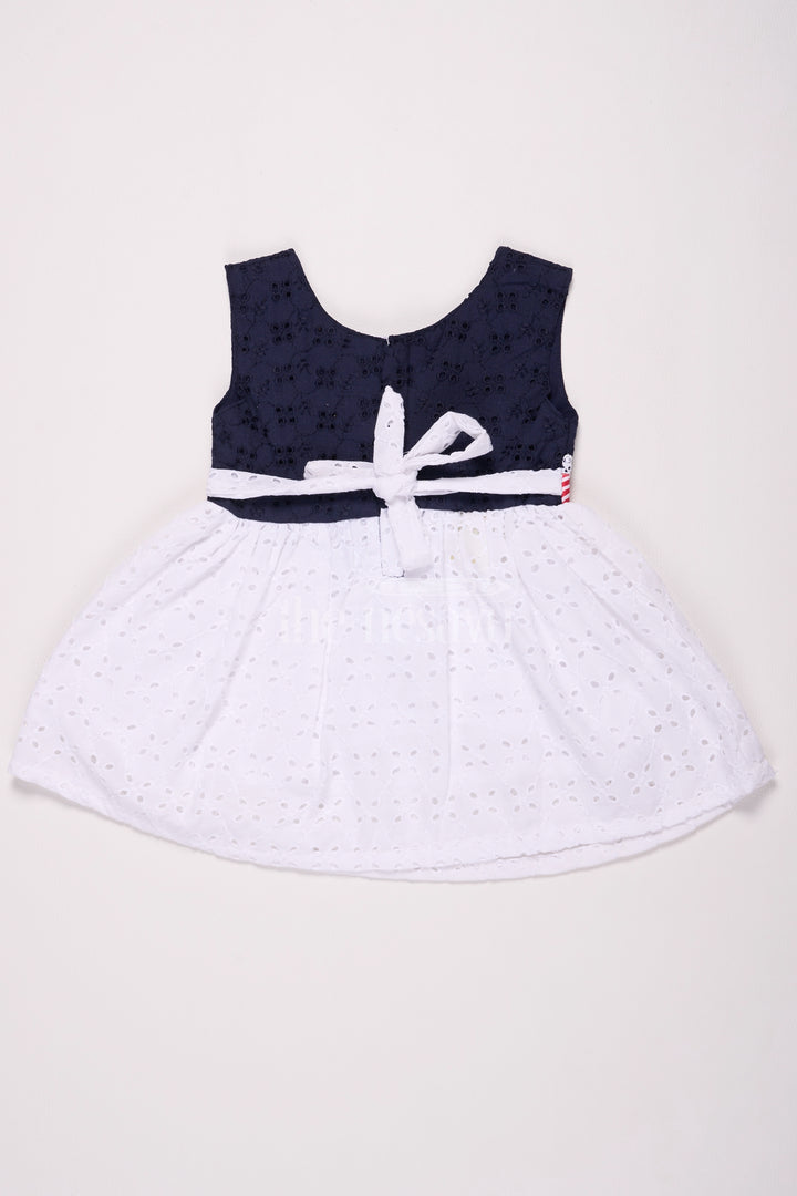 Girls Black Cotton Frock with Eyelet Embroidery and Striped Bow Detail for Special Occasions