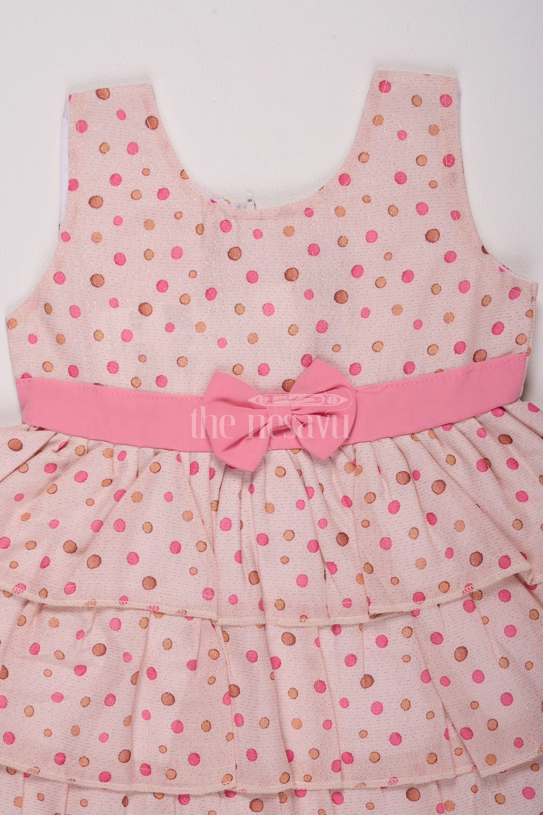 Girls Pink Brasso Dress with Polka Dot Print and Layered Skirt for Special Occasions