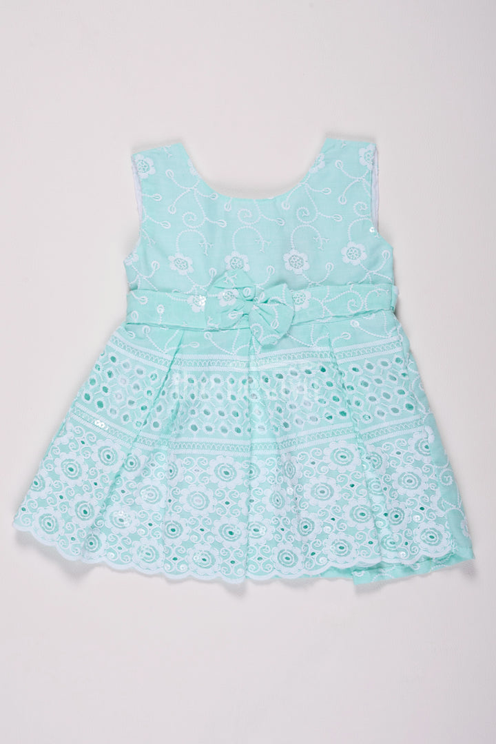 Girls Mint Green Cotton Embroidered Short Frock with Bow Detail for Special Events