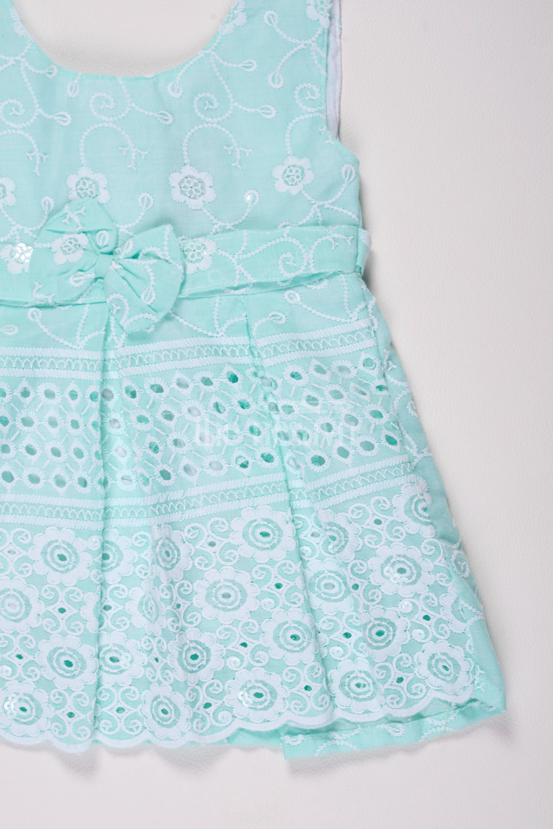 Girls Mint Green Cotton Embroidered Short Frock with Bow Detail for Special Events