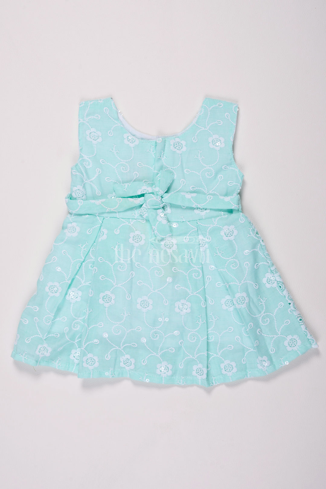 Girls Mint Green Cotton Embroidered Short Frock with Bow Detail for Special Events